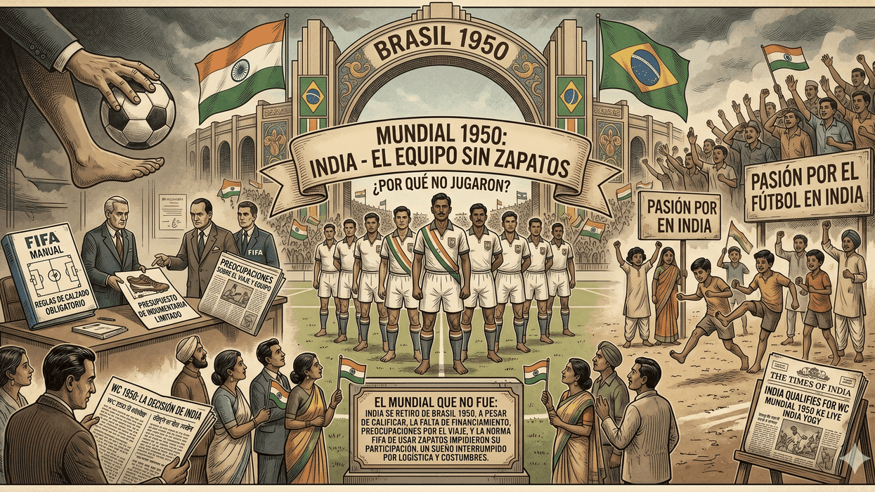 1950s India soccer team illustration; World Cup discussion, barefoot players, flags, and crowd.