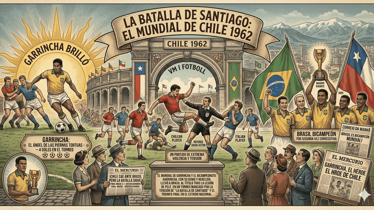 1962 World Cup artwork featuring matches, players, and flags from the tournament in Chile.