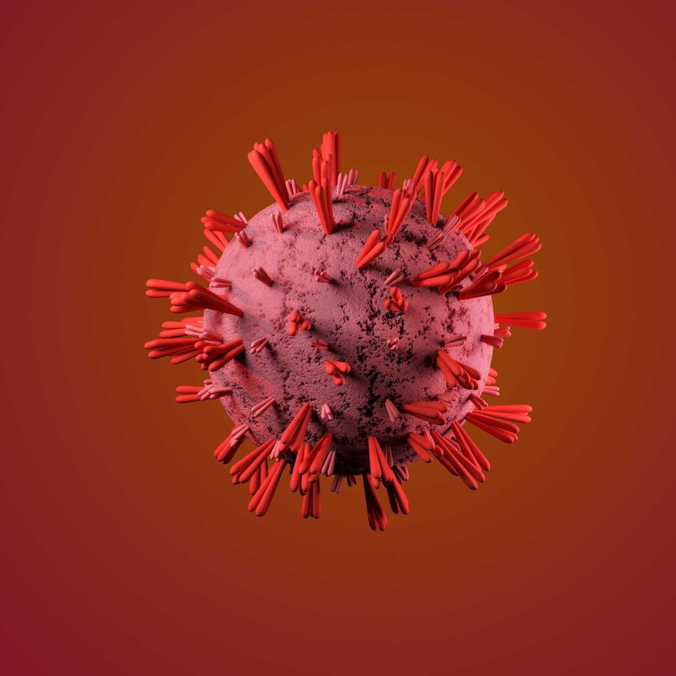 3D rendering of a virus with red spike proteins on a gradient red background.