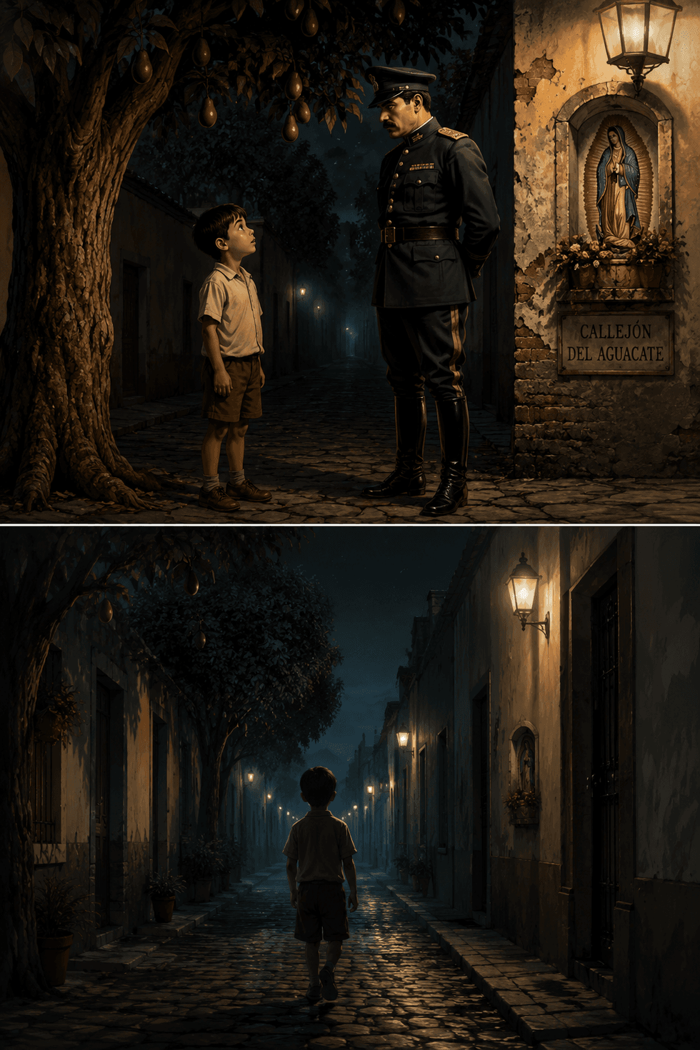 A boy faces a soldier on a cobblestone street under an avocado tree at night.