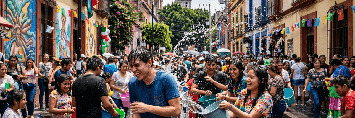 A joyful water fight on a colorful, crowded street during a festival.