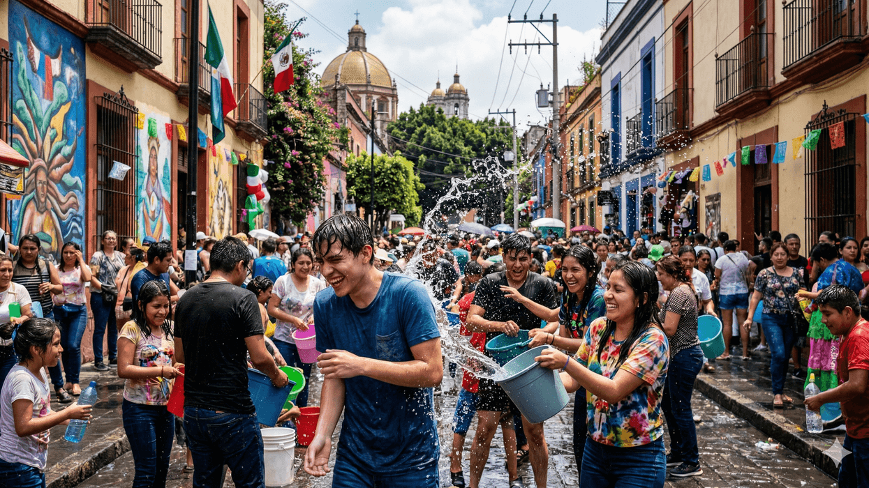 A joyful water fight on a colorful, crowded street during a festival.