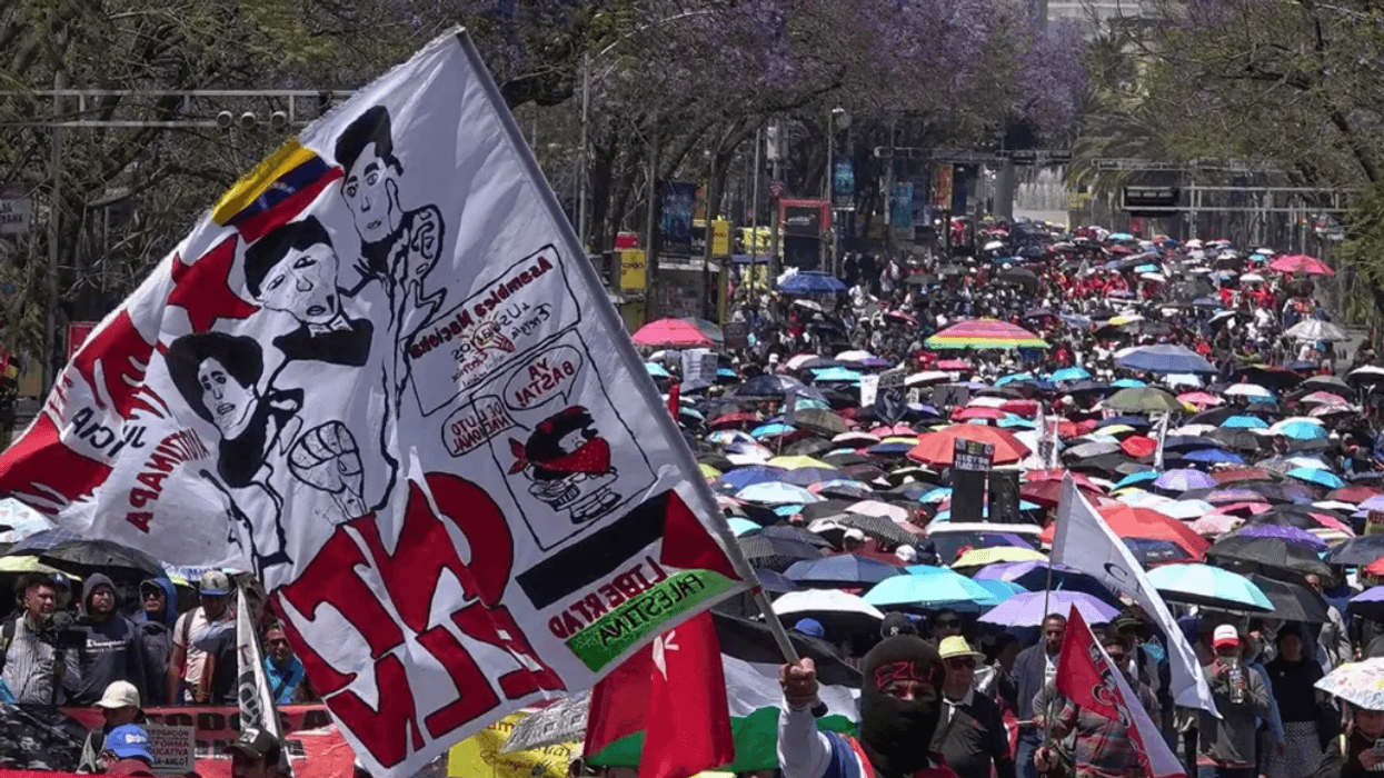 A large, colorful protest march with flags and umbrellas on a tree-lined street.
