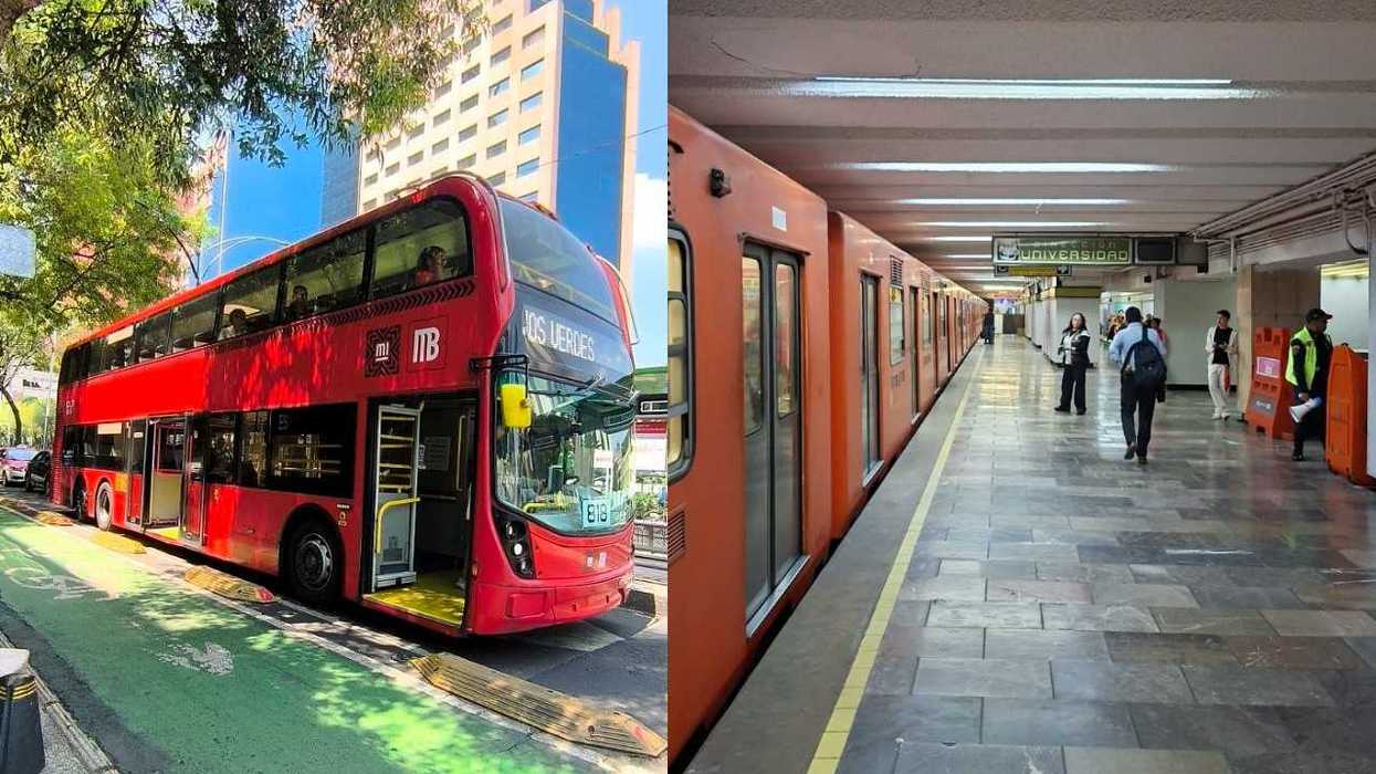 A red double-decker bus on a city street beside an orange train at an underground station.