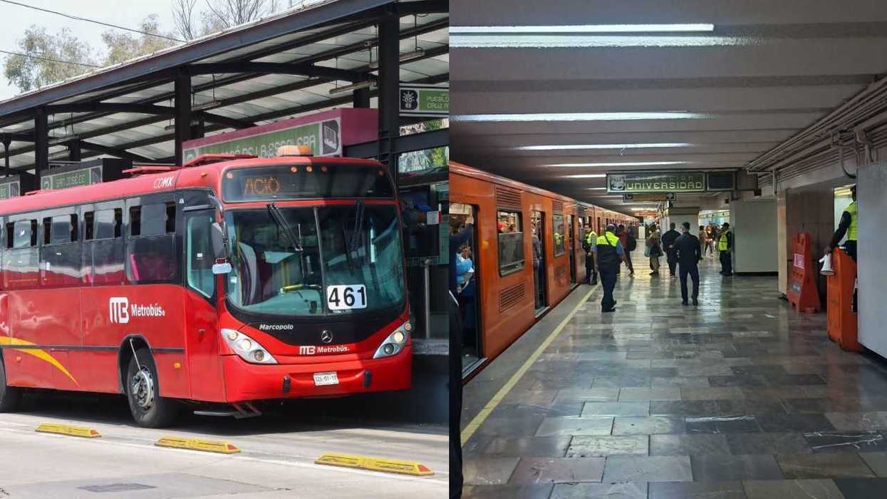 A red Metrobus at a covered stop beside a subway platform with orange trains and commuters.