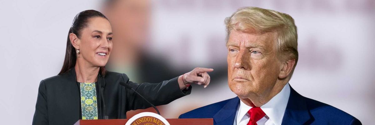 A woman at a podium points beside a large cutout of a man in a suit.