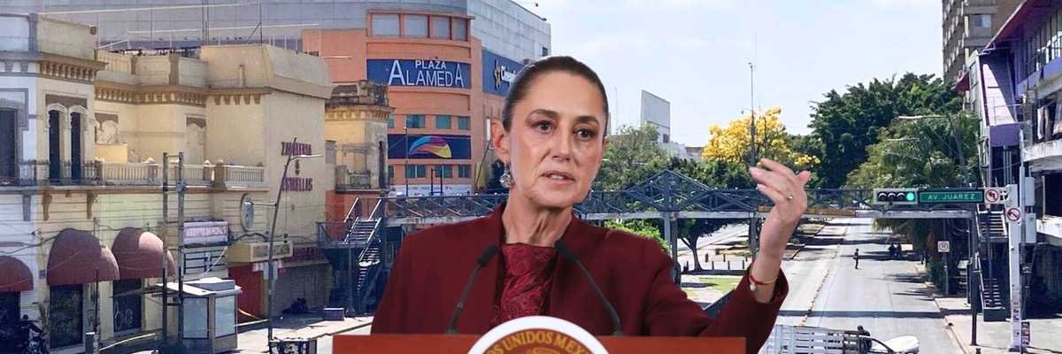 A woman speaks at a podium in front of an urban street scene and the Plaza Alameda.