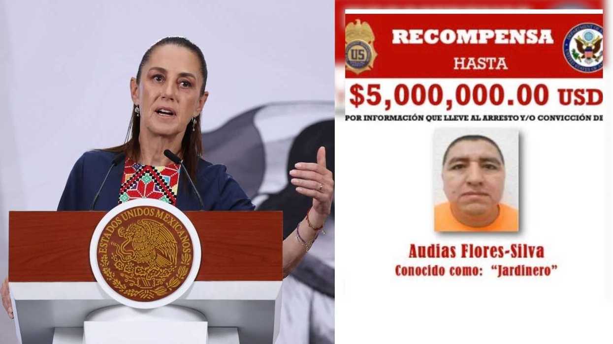 A woman speaks at a podium; reward poster beside her offers $5M for Audias Flores-Silva.