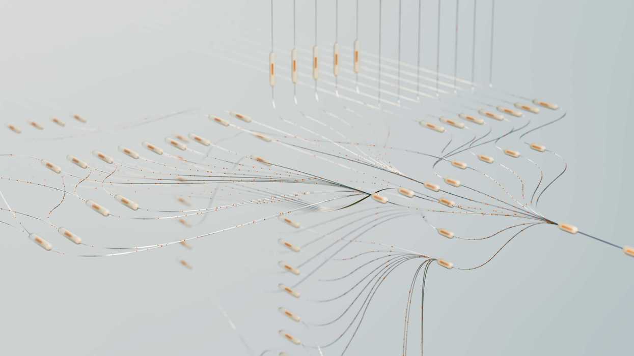 Abstract network diagram with interconnected lines and nodes on a light background.