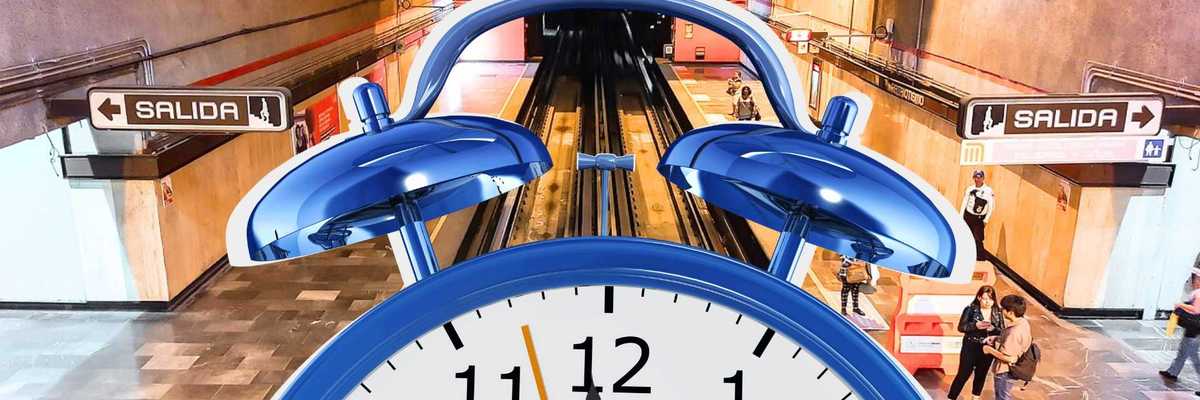 Alarm clock superimposed over a subway station with signs labeled "Salida."