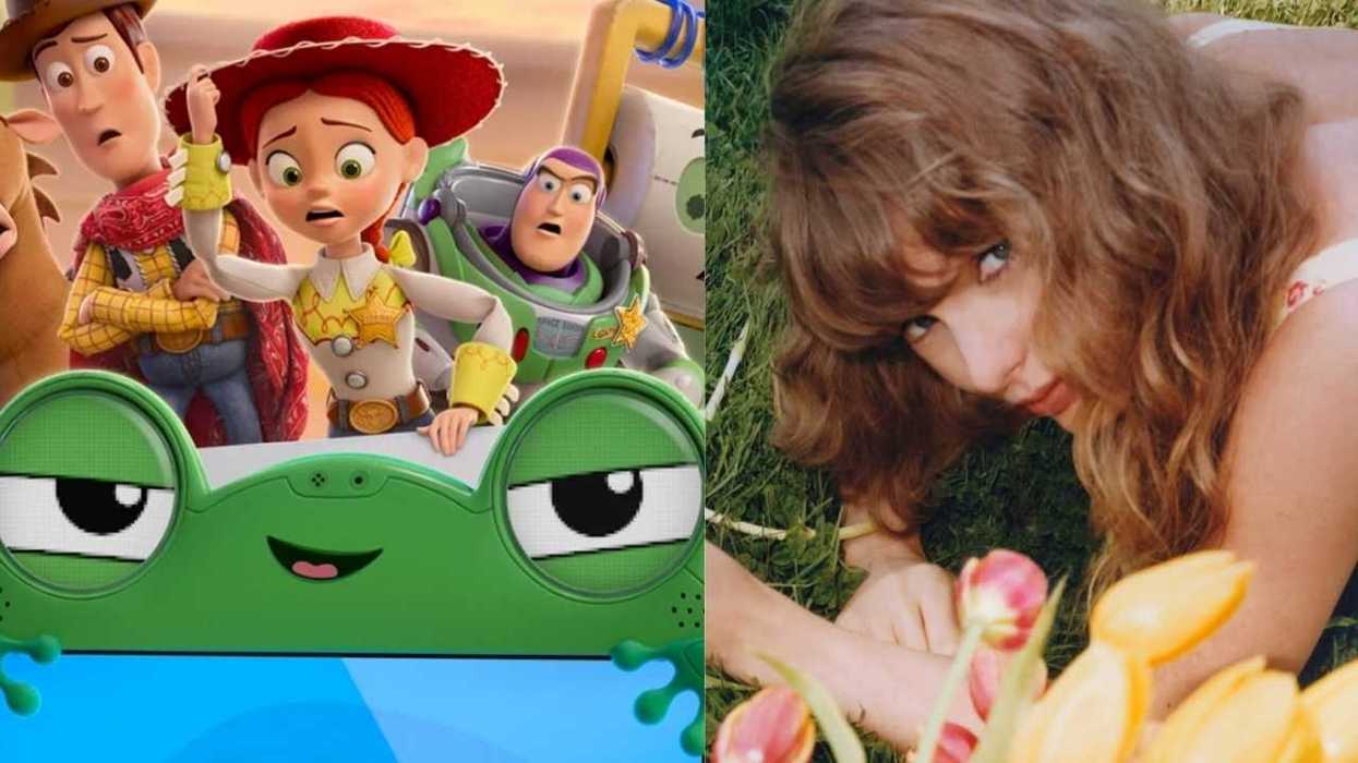 Animated toys surprised; woman with flowers on grass.