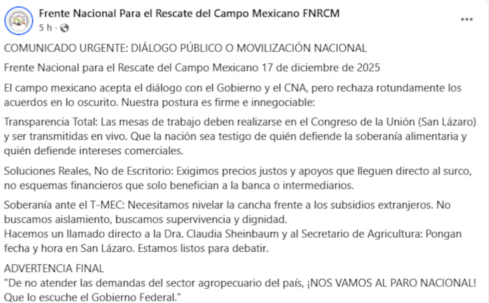 Announcement from Frente Nacional sobre di\u00e1logo p\u00fablico y movilizaci\u00f3n para diciembre 2025.