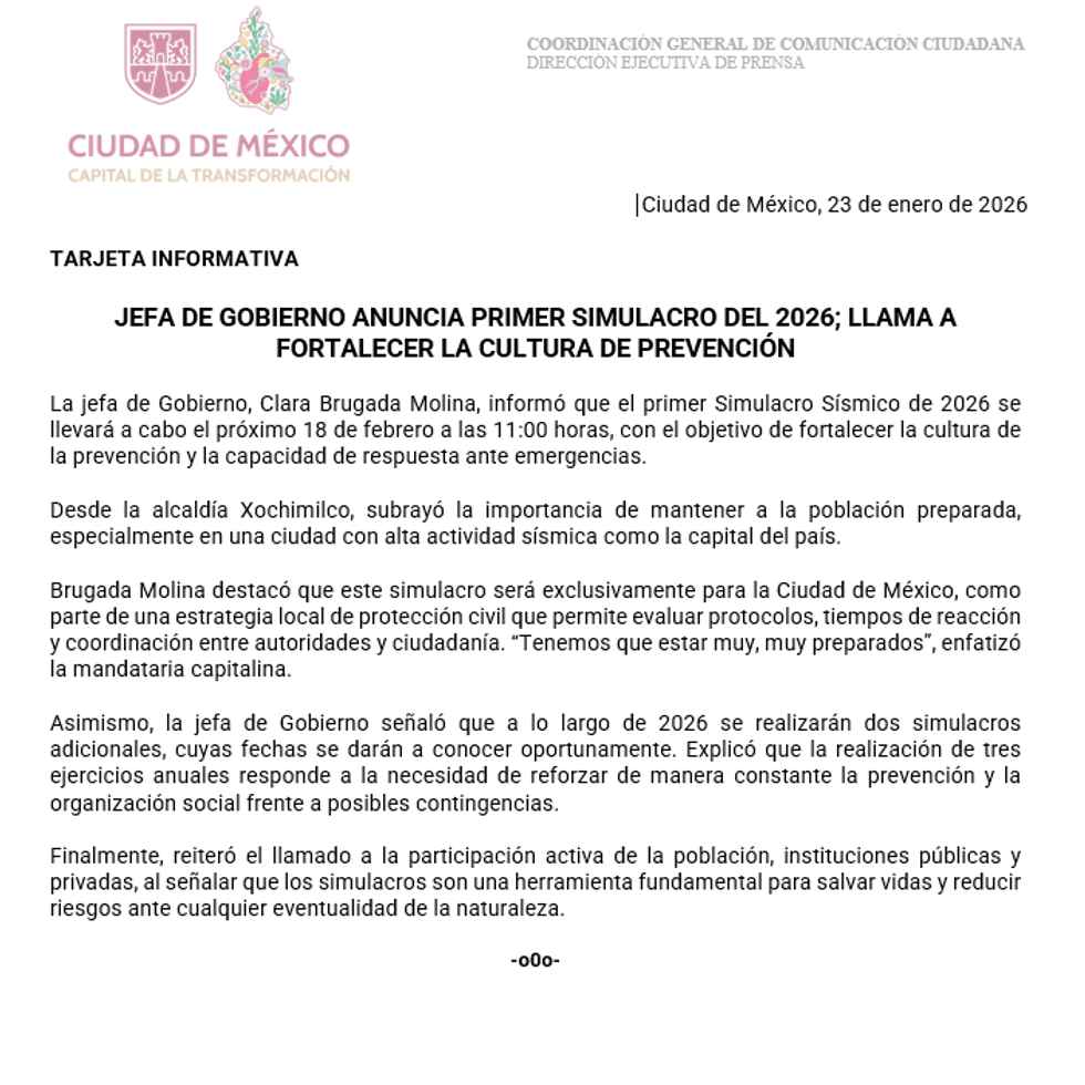 Announcement of Mexico City's first 2026 earthquake drill to enhance emergency preparedness.