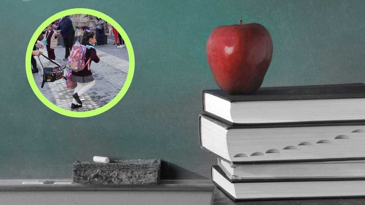 Apple on books, chalkboard background, inset of child with backpack.