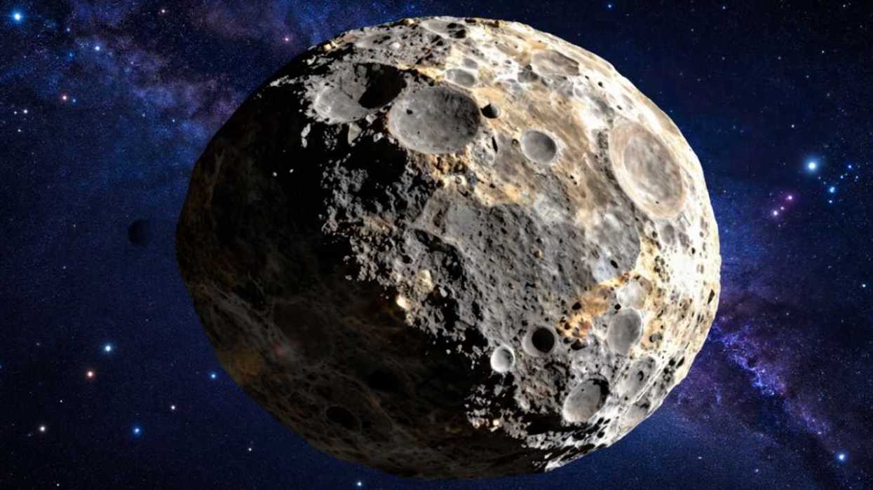 Asteroid with craters floating in space, starry background.