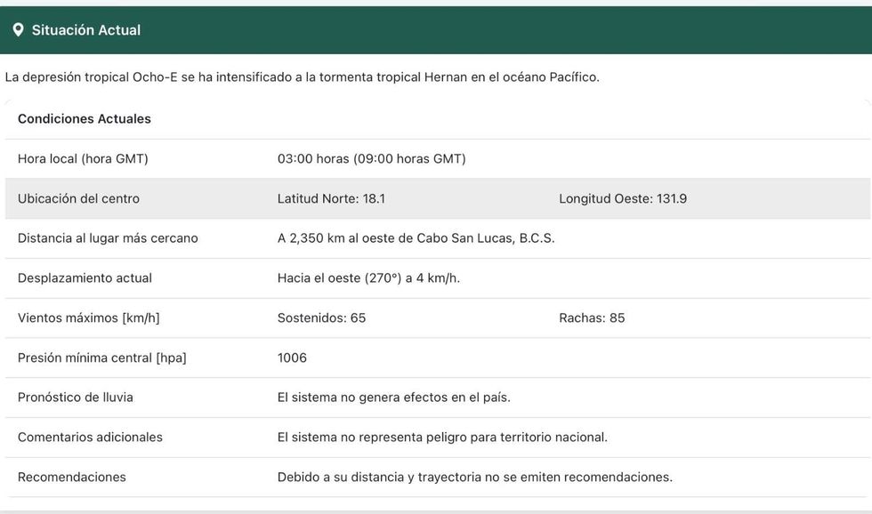 Aviso del SMN sobre la tormenta tropical Hern\u00e1n, ubicada a 2 mil 350 kil\u00f3metros al oeste de Cabo San Lucas, Baja California Sur.