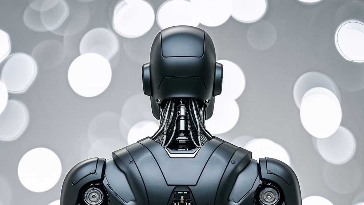 Back view of a futuristic robot with cable neck, glowing bokeh background.