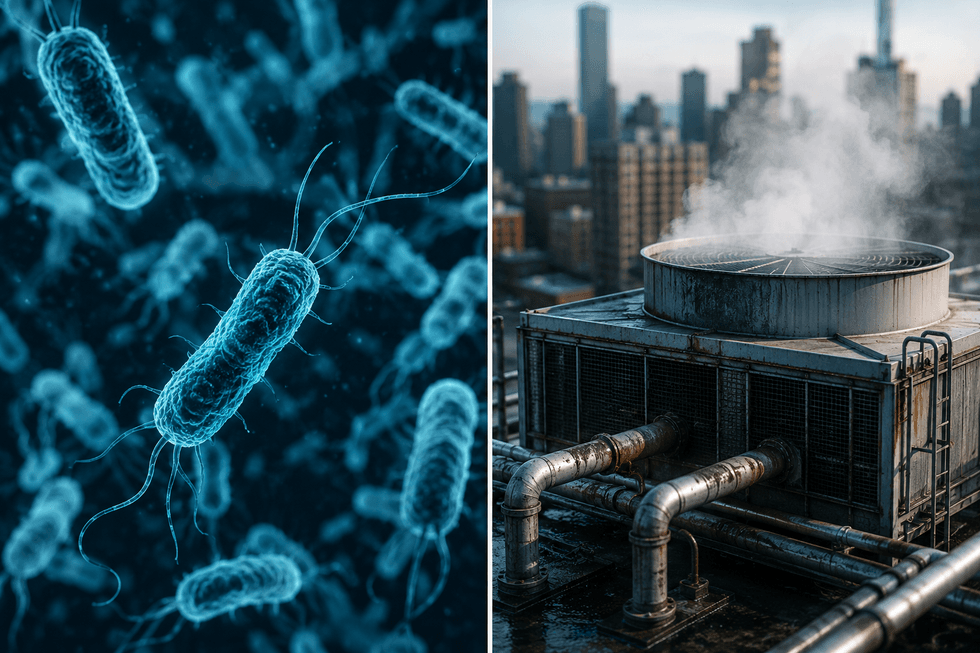 Bacteria close-up; cooling tower exhaust on a city rooftop, emitting steam.