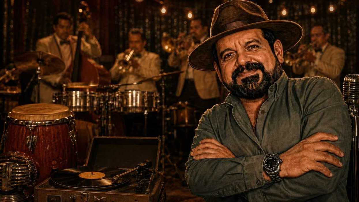 Bearded man in a hat with a jazz band background, vintage vibe.