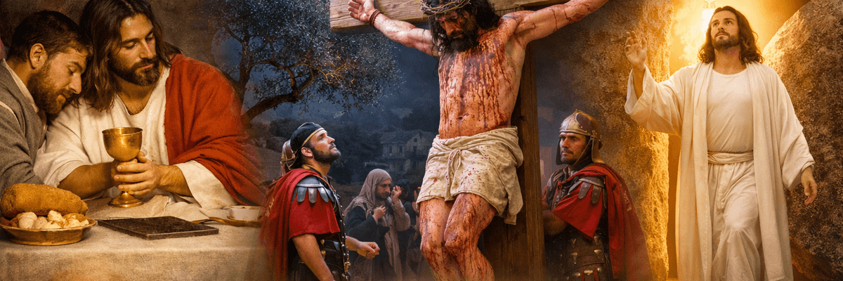 Biblical scenes: Last Supper, Crucifixion, Resurrection, with candles and procession.