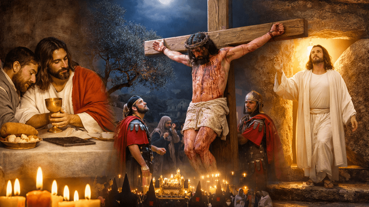 Biblical scenes: Last Supper, Crucifixion, Resurrection, with candles and procession.