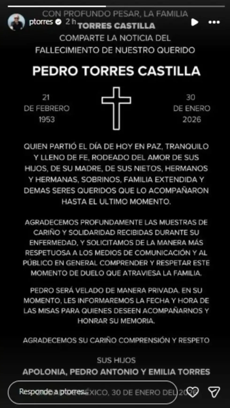 Black memorial card for Pedro Torres Castilla with cross and dates.