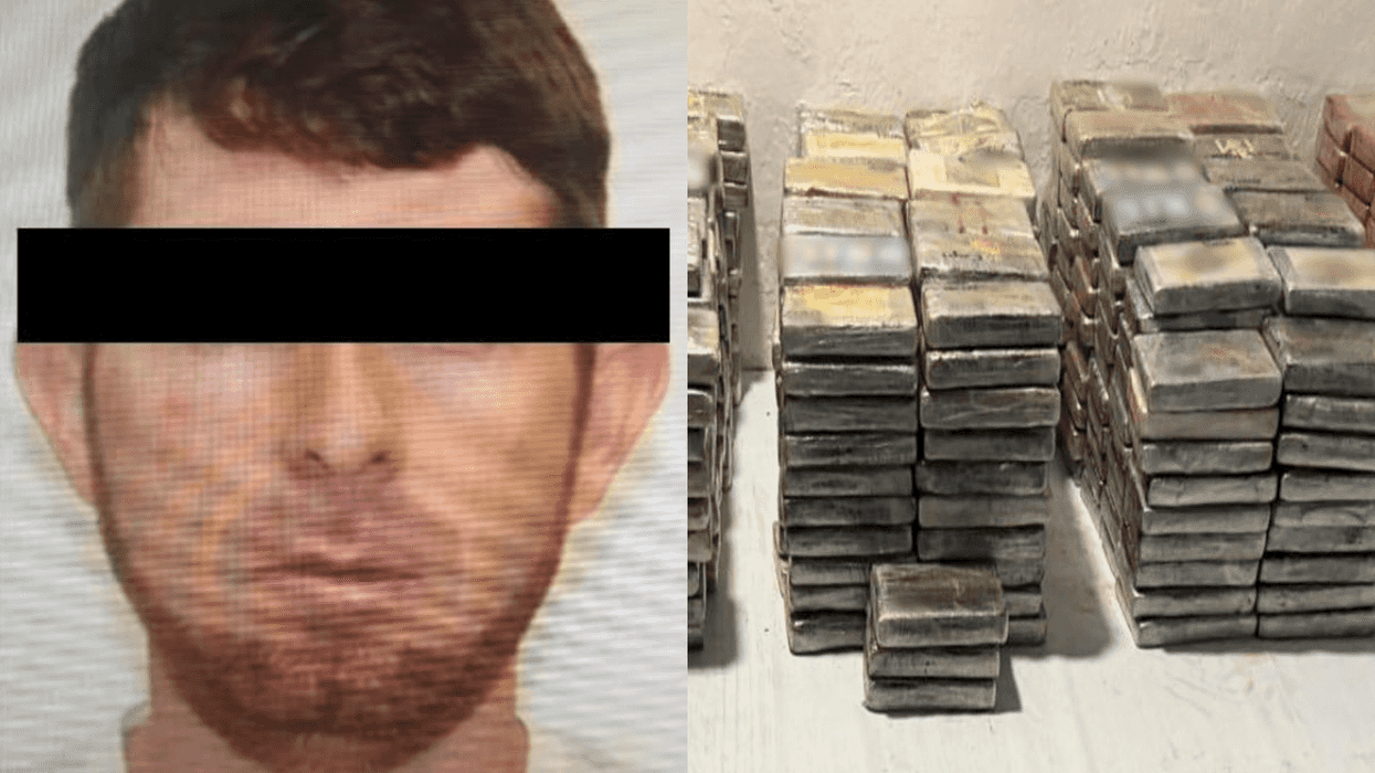 Blurred face with black bar; stacks of rectangular packages on the right.