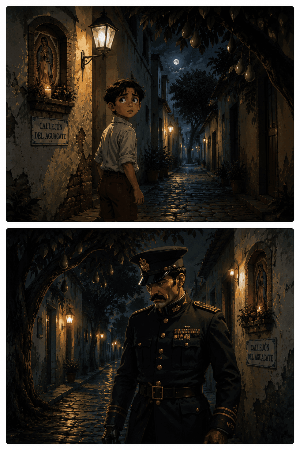 Boy and soldier in Callej\u00f3n del Aguacate alleyway at night, lit by streetlamps and moonlight.
