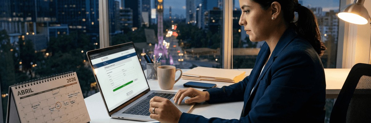 Businesswoman working late in an office with a city view through large windows.