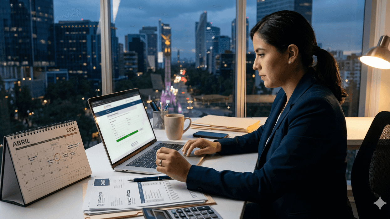 Businesswoman working late in an office with a city view through large windows.