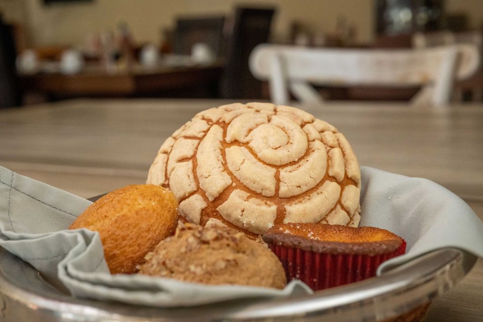 Canasta con concha y diferentes variedades de pan dulce mexicano servidas en una mesa.
