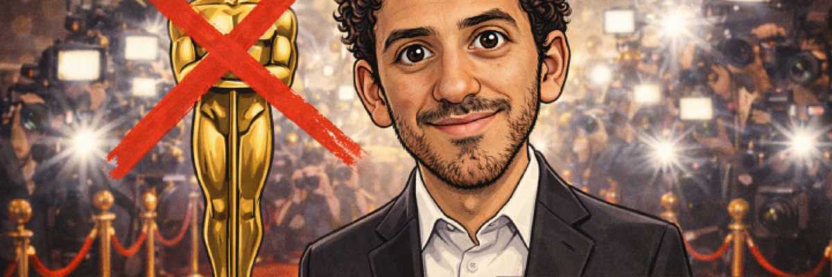 Caricature of a man by an Oscar statue with a red X, amid cameras and red carpet backdrop.