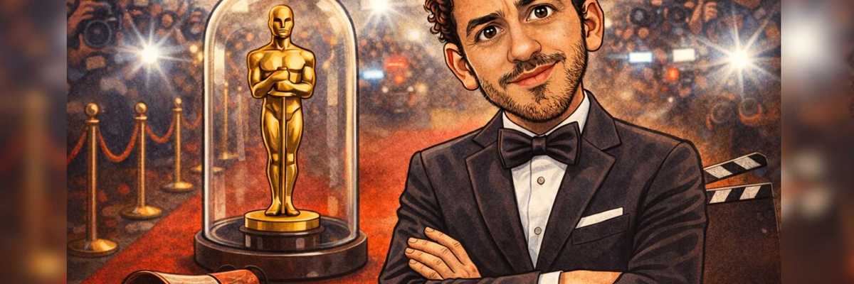 Caricature of a man in a tuxedo on the red carpet with an Oscar and spotlight background.