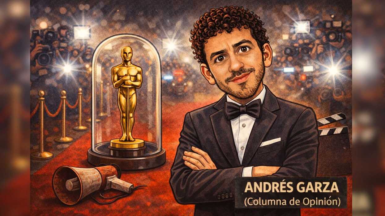 Caricature of a man in a tuxedo on the red carpet with an Oscar and spotlight background.