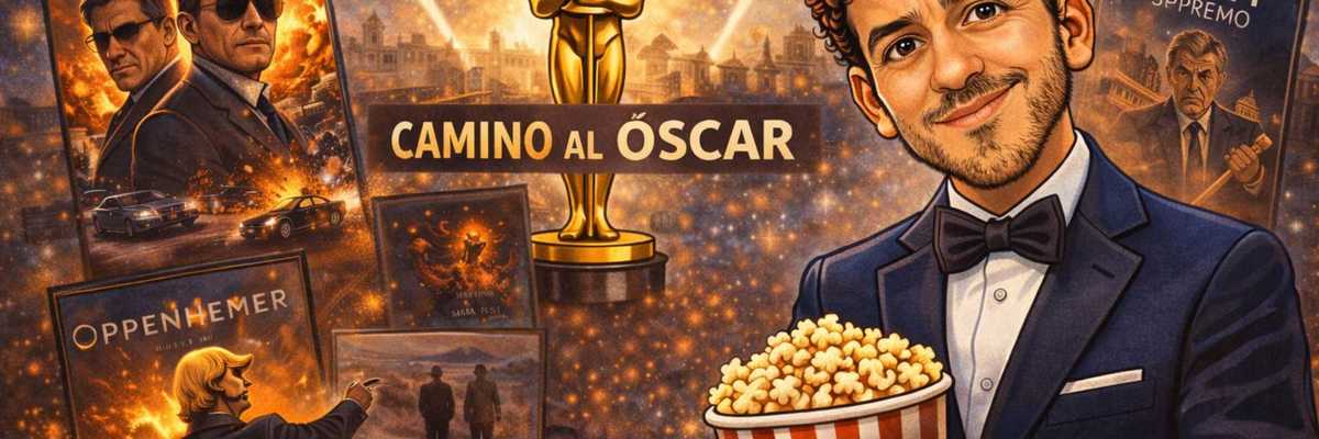 Caricature of man with popcorn alongside Oscar posters and statuette.