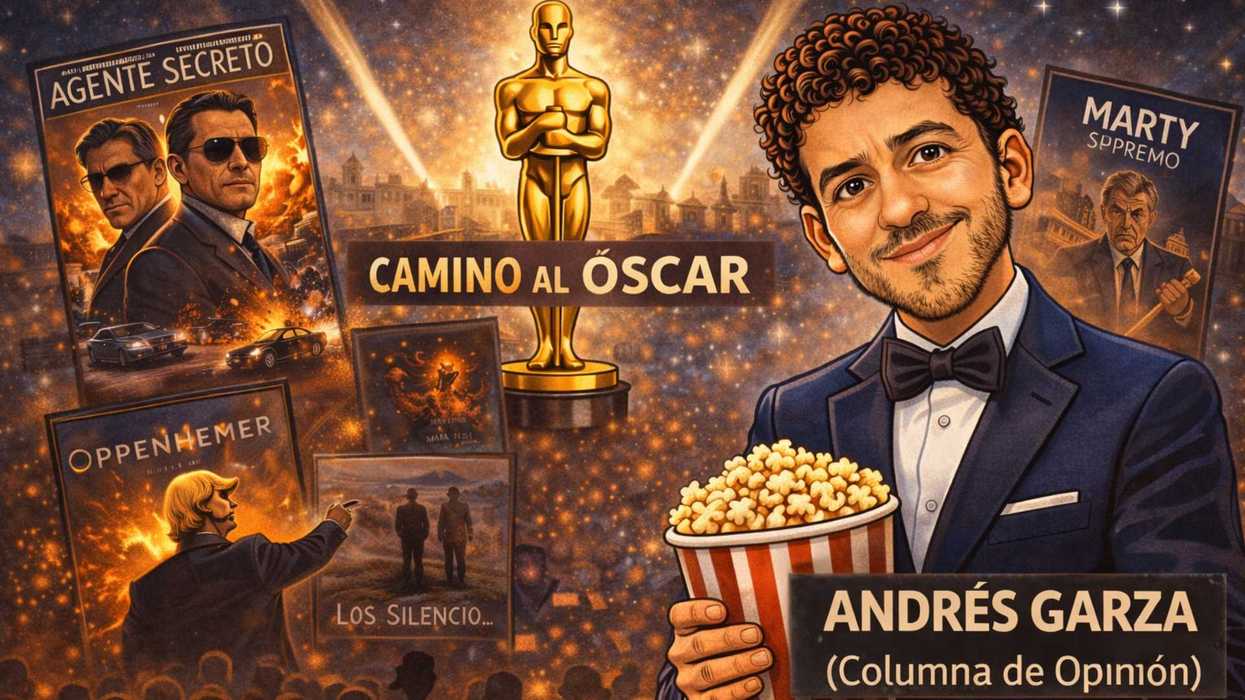 Caricature of man with popcorn alongside Oscar posters and statuette.