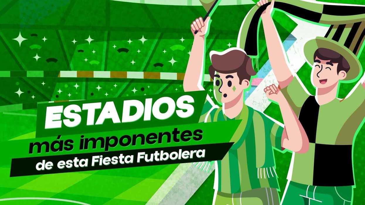 Cartoon fans cheering, text: "Estadios más imponentes de esta Fiesta Futbolera" on green background.