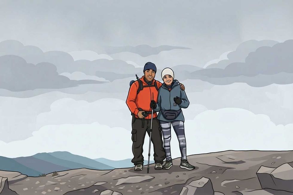 Cartoon hikers on a rocky mountain top with cloudy sky background.