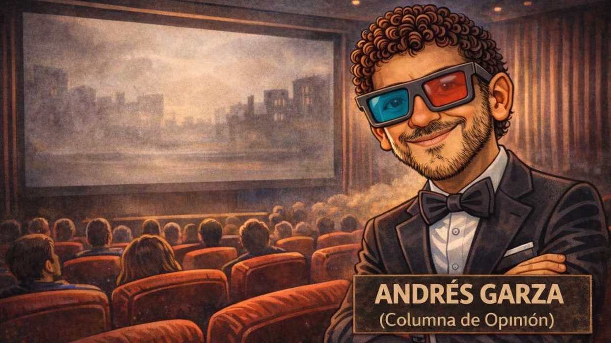 Cartoon man in 3D glasses at a cinema, with audience and screen in background.
