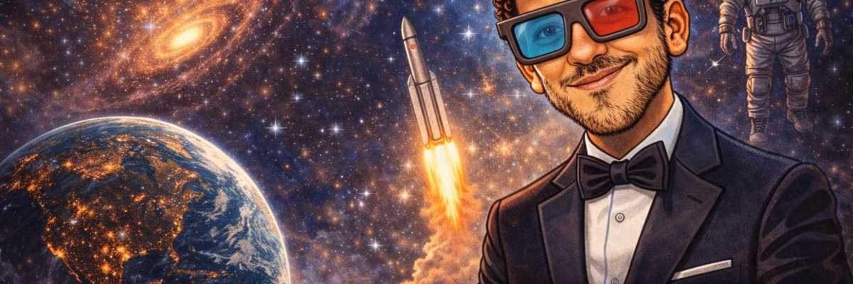 Cartoon man in 3D glasses, space theme; Earth, rocket, astronaut, and galaxies.