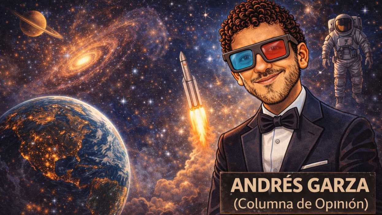 Cartoon man in 3D glasses, space theme; Earth, rocket, astronaut, and galaxies.
