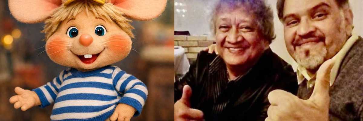 Cartoon mouse beside two people giving thumbs up.