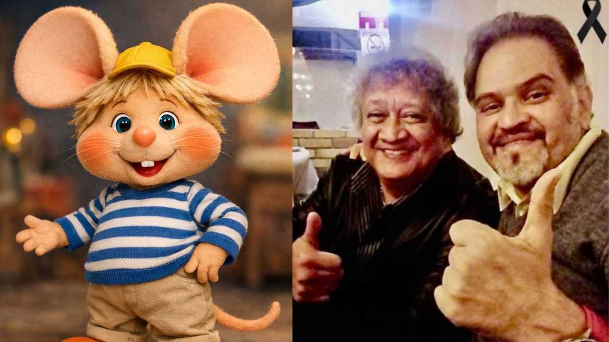 Cartoon mouse beside two people giving thumbs up.