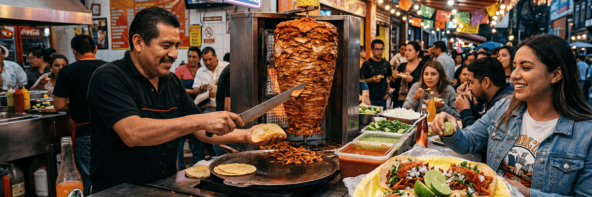 Celebration of Taco Day at a vibrant taquería with fresh tacos and patrons enjoying food.