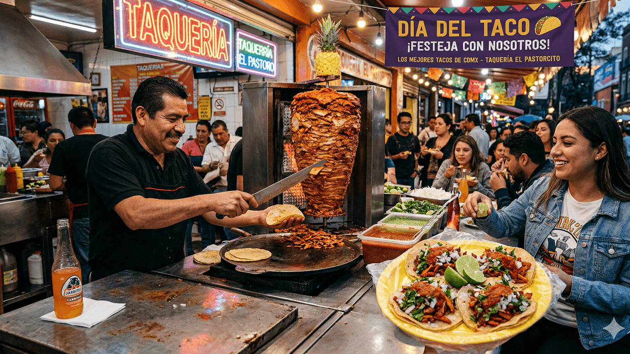 Celebration of Taco Day at a vibrant taquería with fresh tacos and patrons enjoying food.