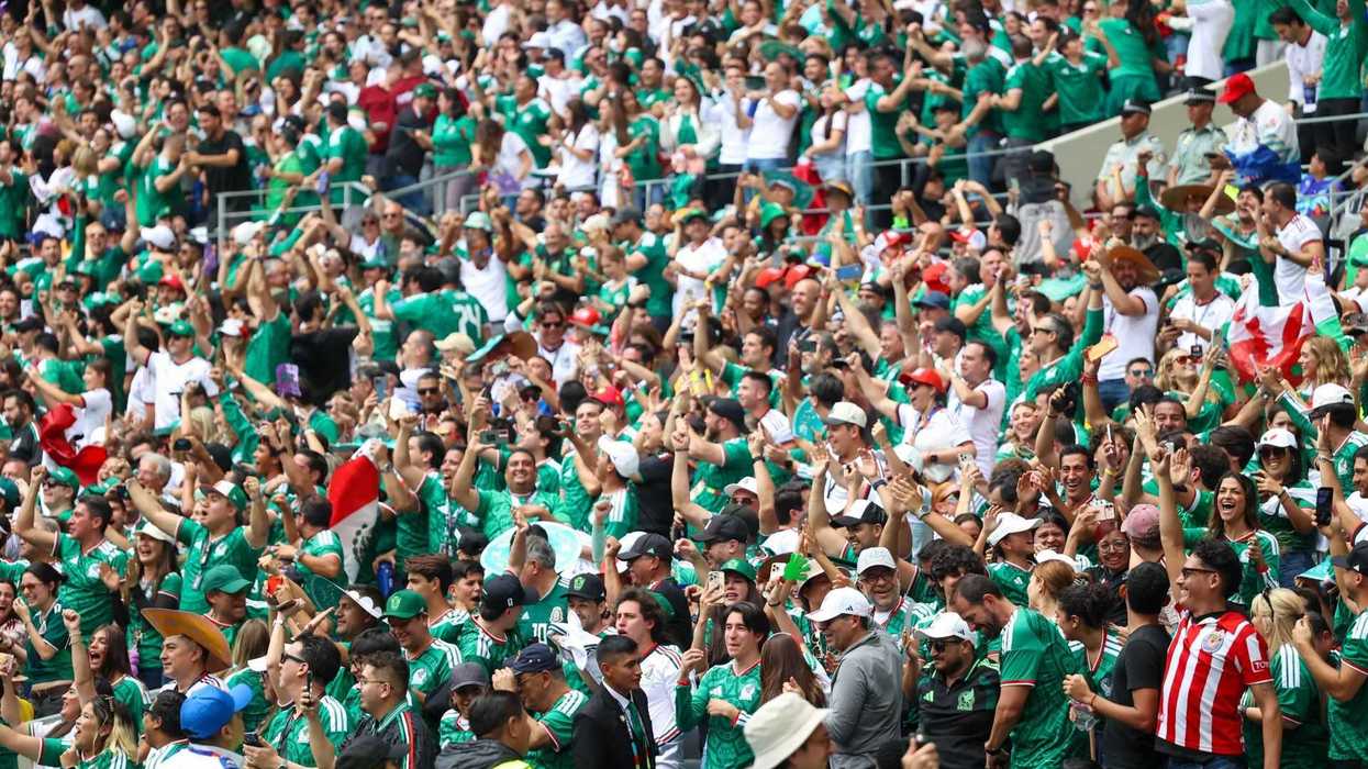 Cheering crowd of soccer fans dressed in green jerseys, celebrating in a stadium.