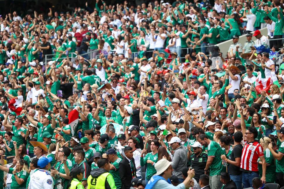 Cheering crowd of soccer fans dressed in green jerseys, celebrating in a stadium.