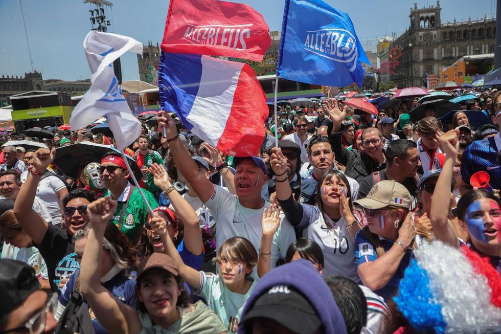 Cheering crowd with French flags, people celebrating outdoors.