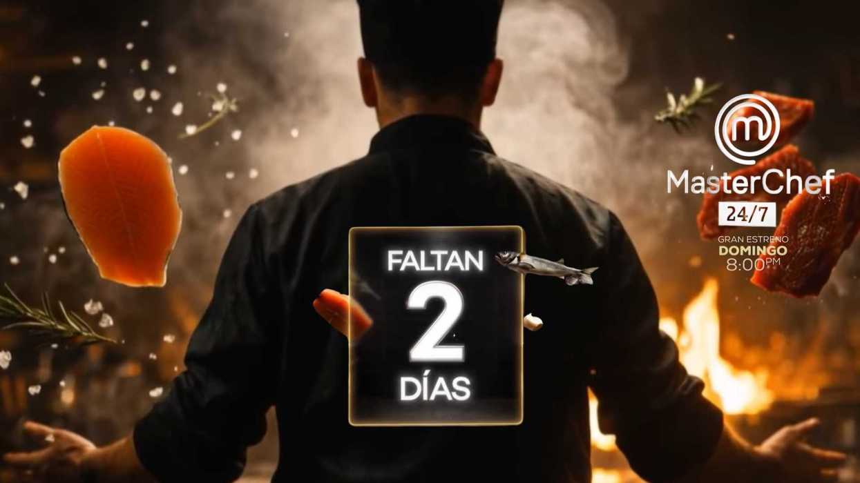 Chef in front of fire, floating food, text: "Faltan 2 días, MasterChef estreno."