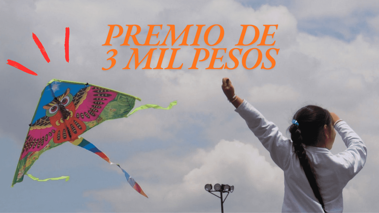 Child flying a colorful owl kite; "Premio de 3 mil pesos" text visible.